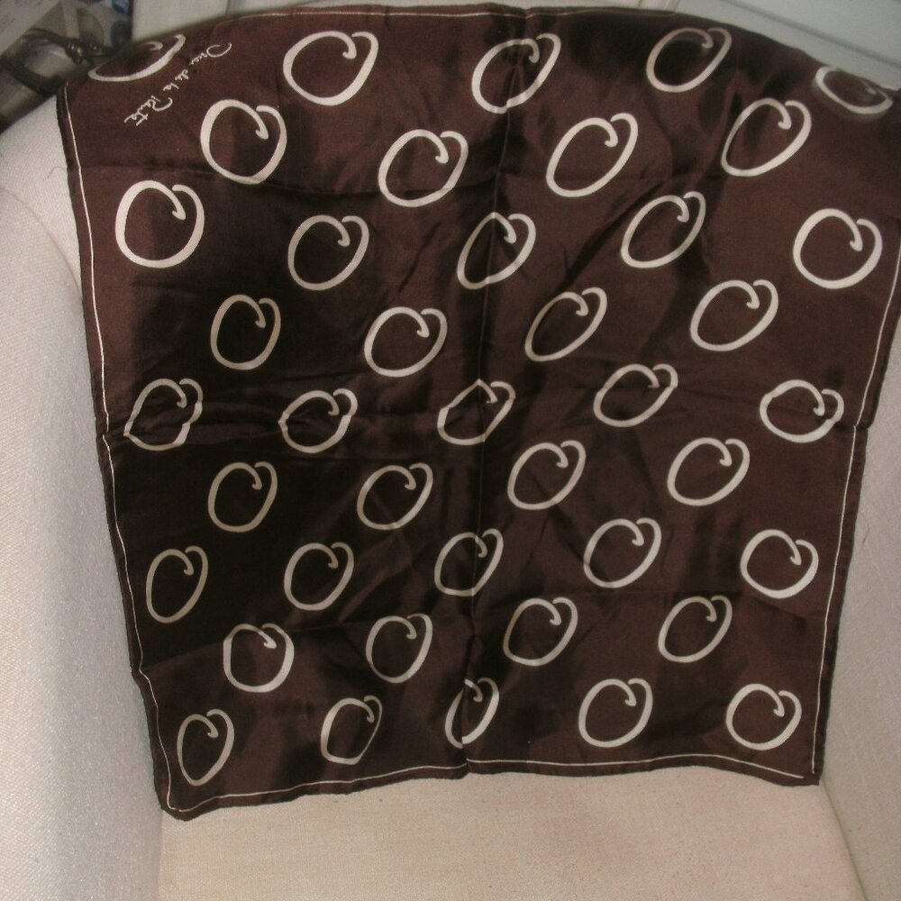 Vintage Oscar De La Renta Brown & Ivory Signature Print Silk Square Scarf Japan